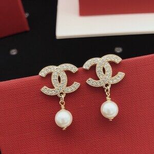 CHANEL Crystal CC Logo Pearl Drop Earrings